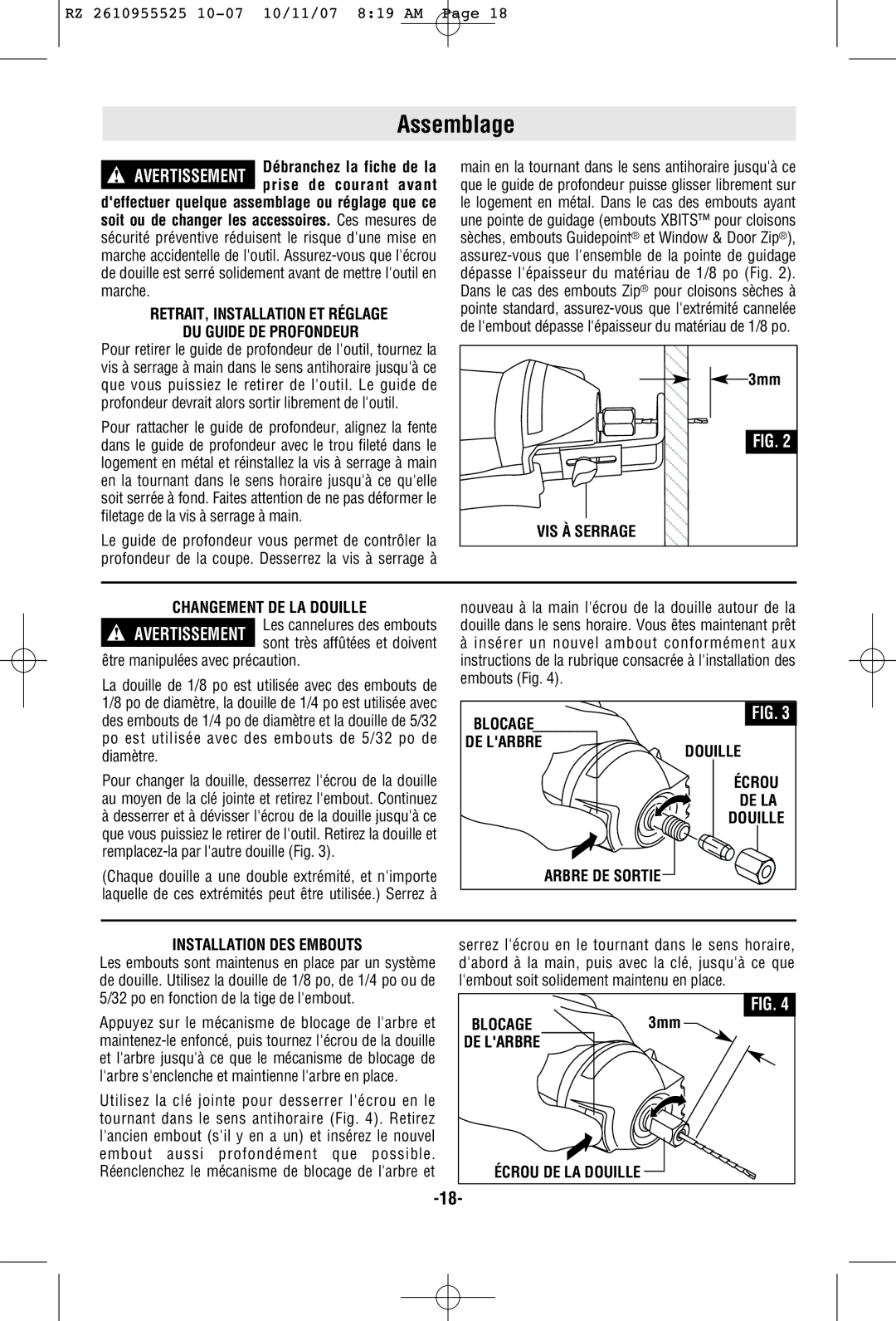 RotoZip DR1 manual Assemblage 