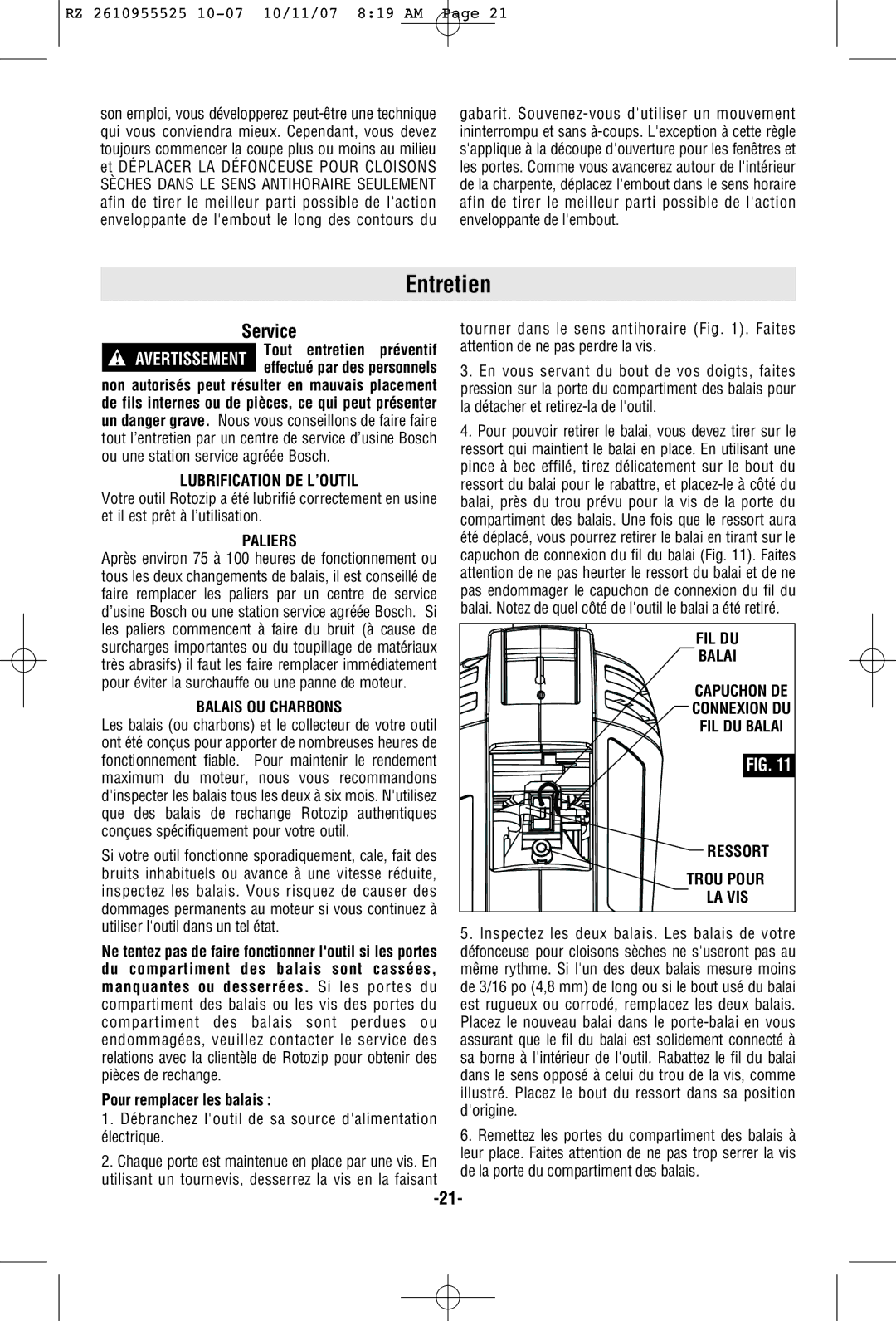 RotoZip DR1 manual Entretien, Lubrification DE L’OUTIL, Paliers, Balais OU Charbons 