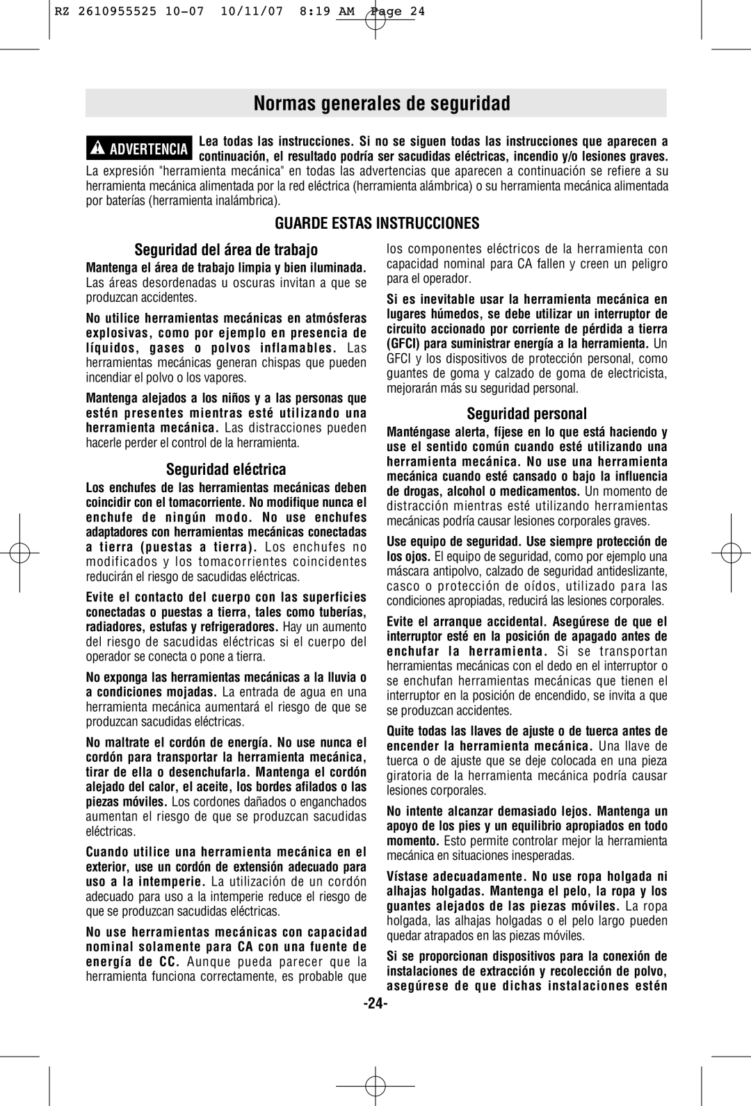 RotoZip DR1 manual Normas generales de seguridad, Seguridad del área de trabajo, Seguridad eléctrica, Seguridad personal 