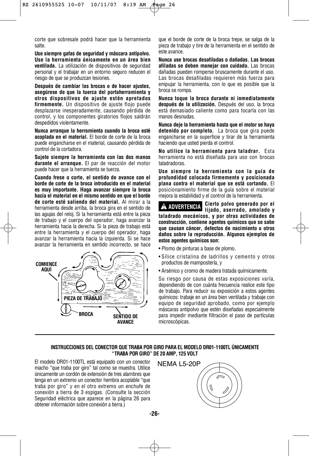 RotoZip DR1 manual Corte que sobresale podrá hacer que la herramienta salte, Traba POR Giro DENEMA20 P, 125L5-VOLT20P 