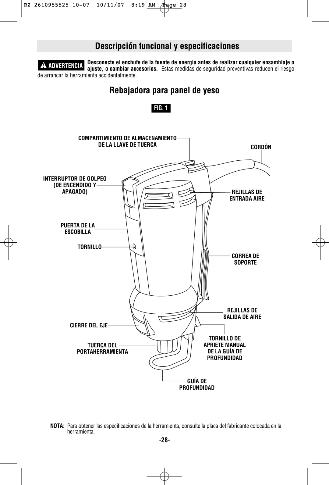 RotoZip DR1 manual Descripción funcional y especificaciones, Rebajadora para panel de yeso, Cierre DEL EJE 