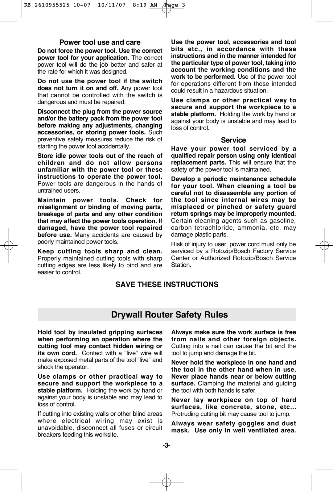 RotoZip DR1 manual Power tool use and care, Service, Protruding cutting bit may cause tool to jump 