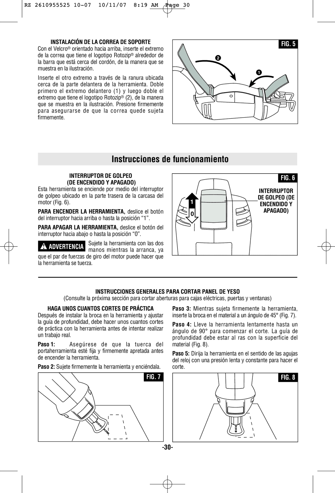 RotoZip DR1 manual Instrucciones de funcionamiento, Instrucciones Generales Para Cortar Panel DE Yeso 