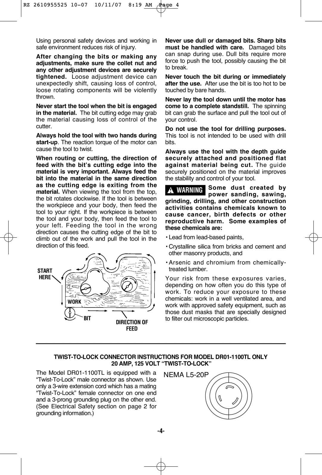 RotoZip DR1 manual Start Here, BIT Direction Feed 