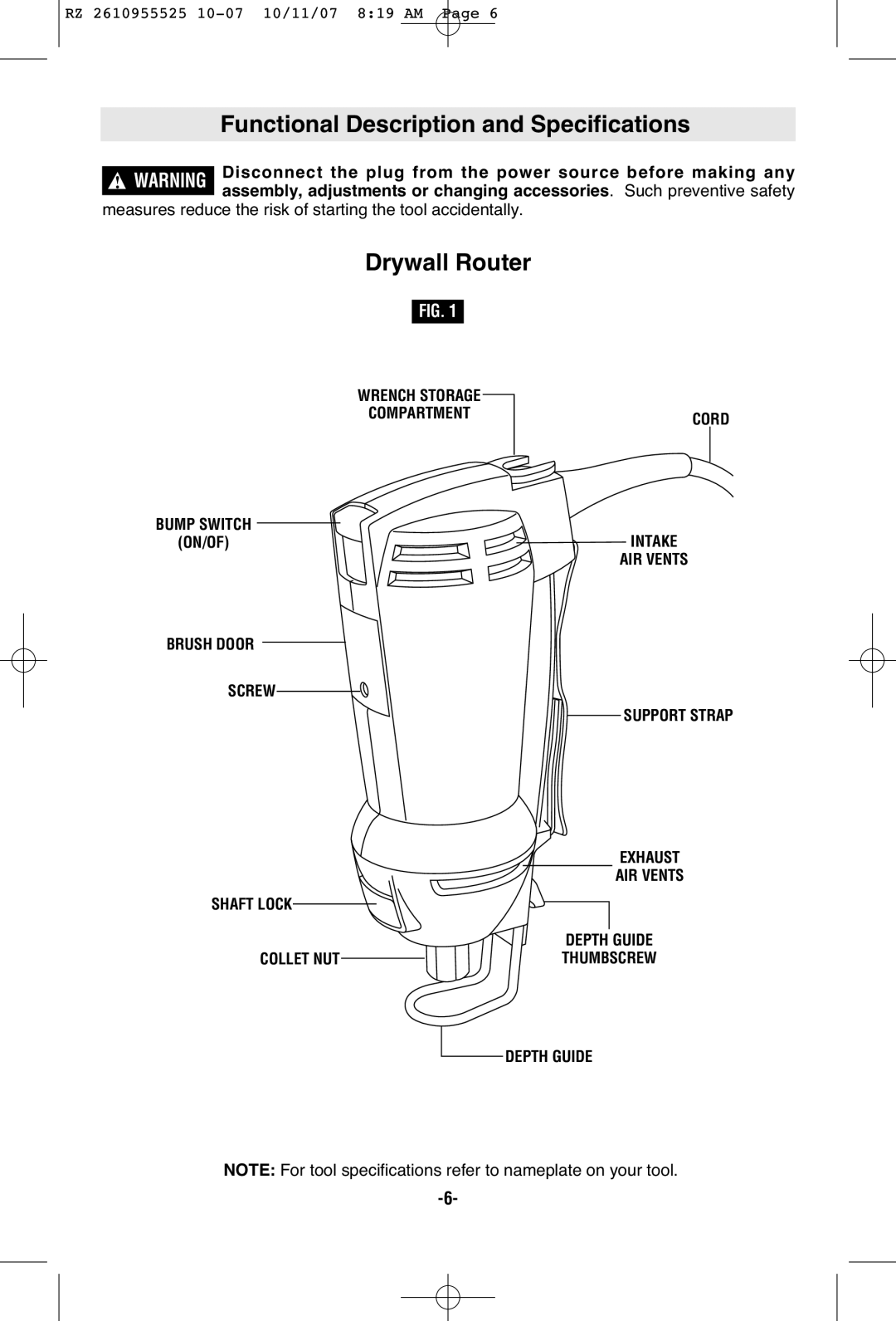 RotoZip DR1 manual Functional Description and Specifications, Drywall Router, Collet NUT, Depth Guide 