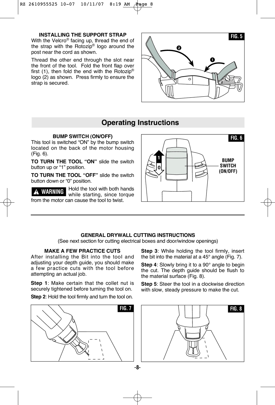 RotoZip DR1 Operating Instructions, Installing the Support Strap, Bump Switch ON/OFF, General Drywall Cutting Instructions 