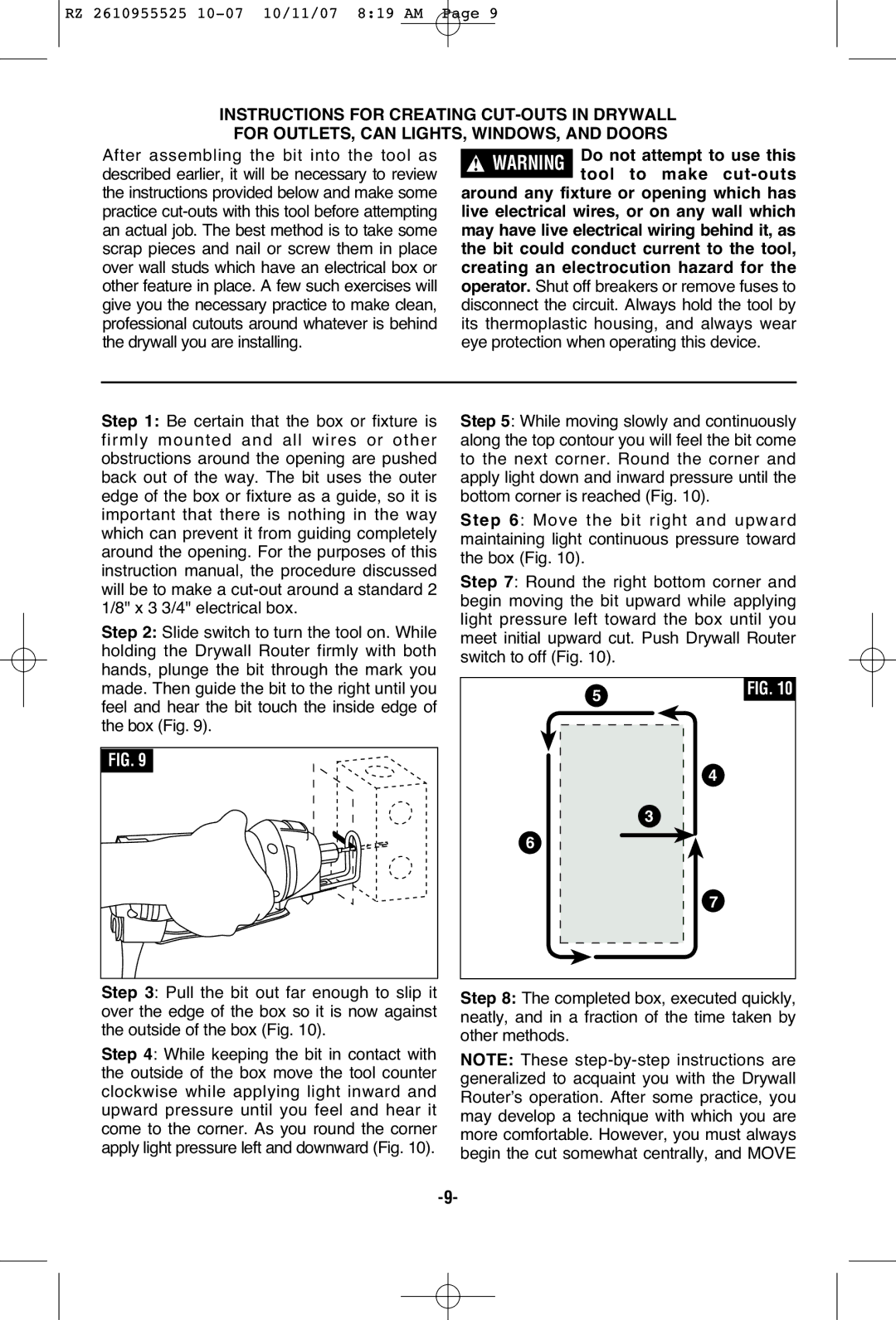 RotoZip DR1 manual Instructions for Creating CUT-OUTS in Drywall, For OUTLETS, can LIGHTS, WINDOWS, and Doors 