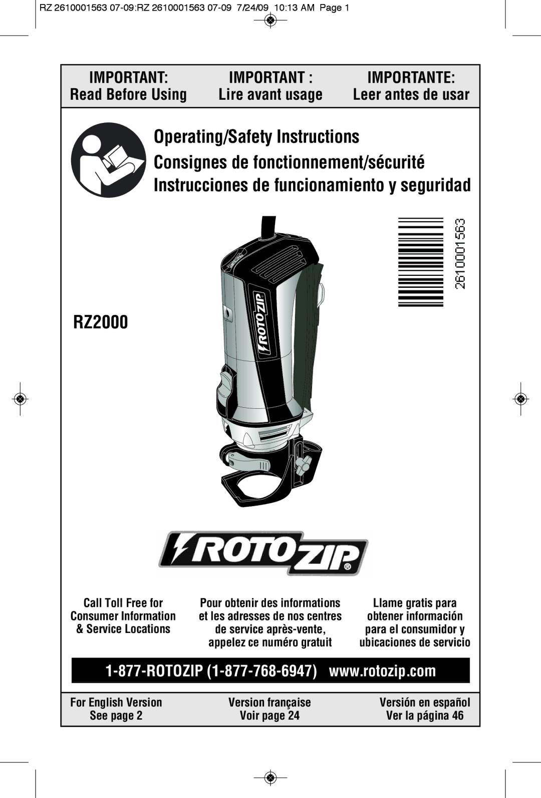 RotoZip RZ2000 manual RZ 2610001563 07-09RZ 2610001563 07-09 7/24/09 1013 AM, Ver la página 