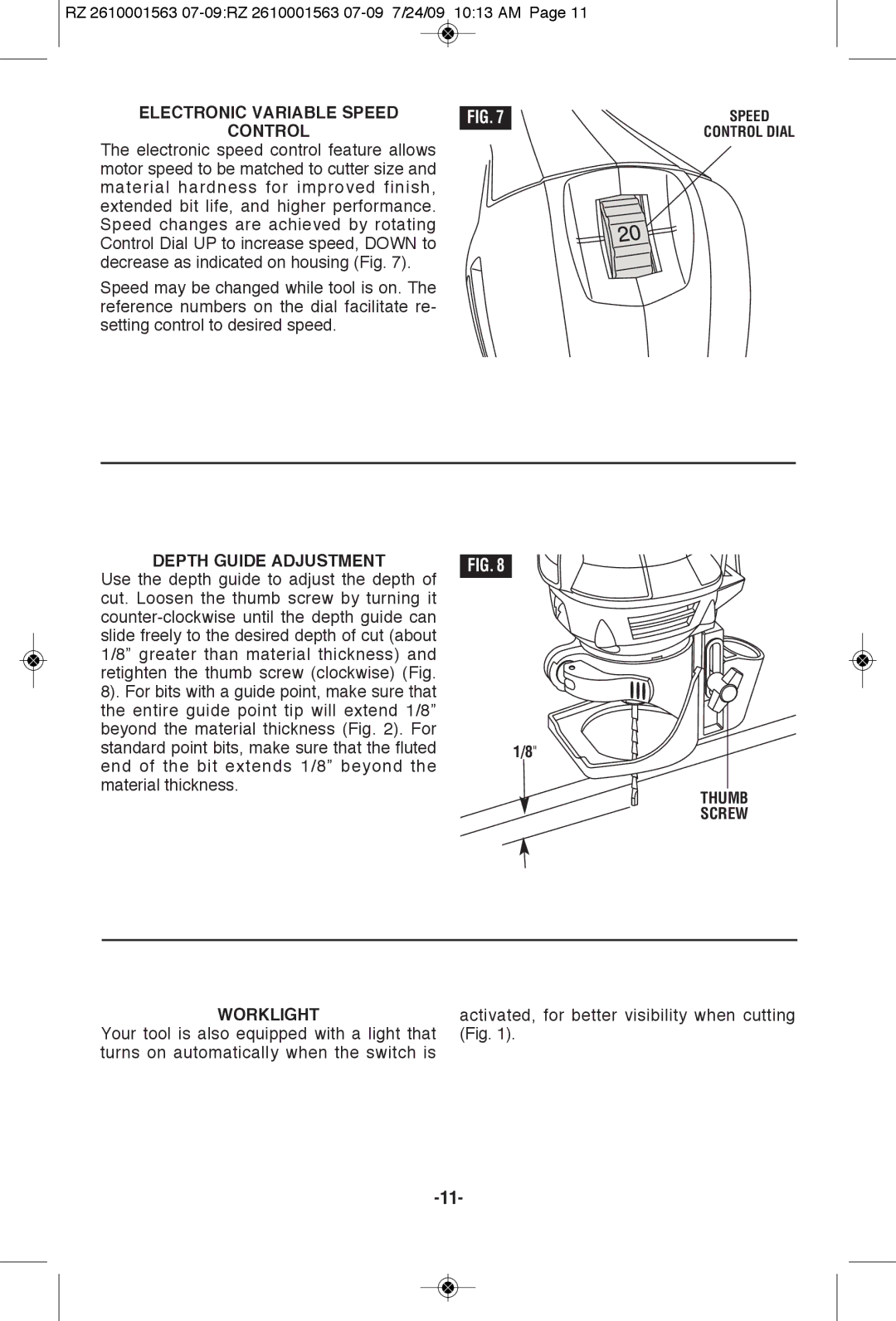 RotoZip RZ2000 manual Electronic Variable Speed Control, Depth Guide Adjustment, Thumb Screw Worklight 