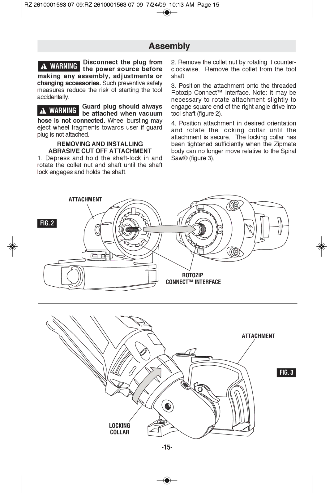 RotoZip RZ2000 Removing and Installing Abrasive CUT OFF Attachment, Attachment Rotozip Connect Interface Locking Collar 