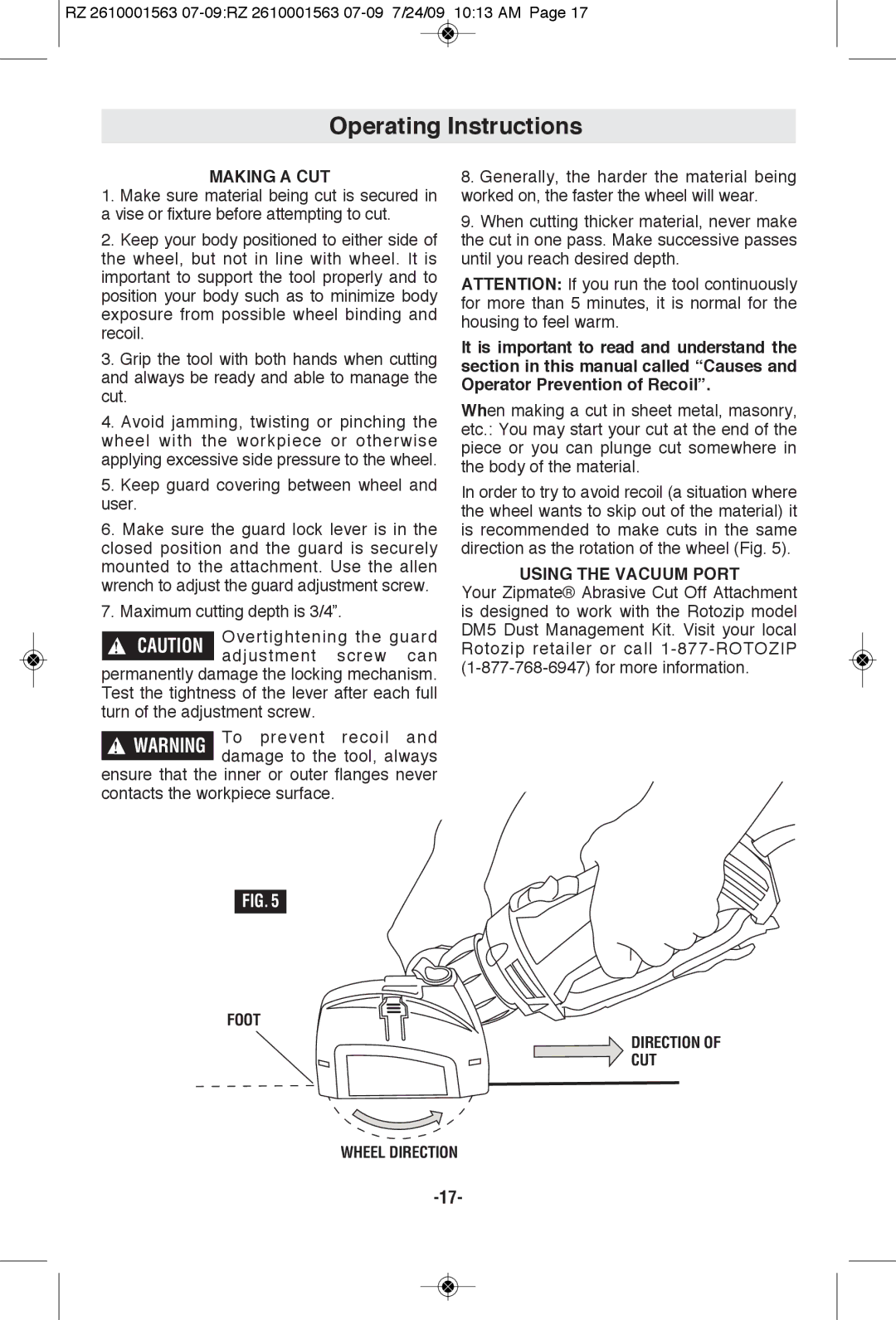 RotoZip RZ2000 manual Making a CUT, Using the Vacuum Port, Foot Direction of CUT Wheel Direction 