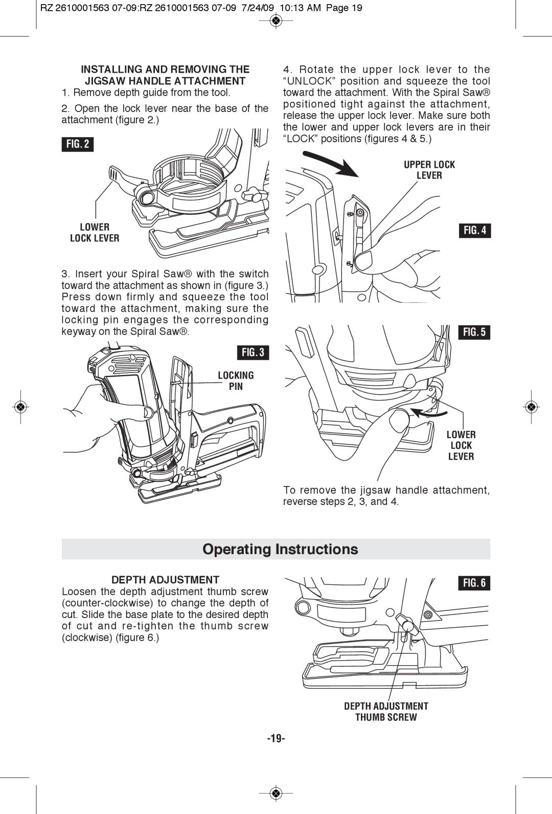 RotoZip RZ2000 Installing and Removing the Jigsaw Handle Attachment, Lower Lock Lever, Locking PIN, Upper Lock Lever Lower 