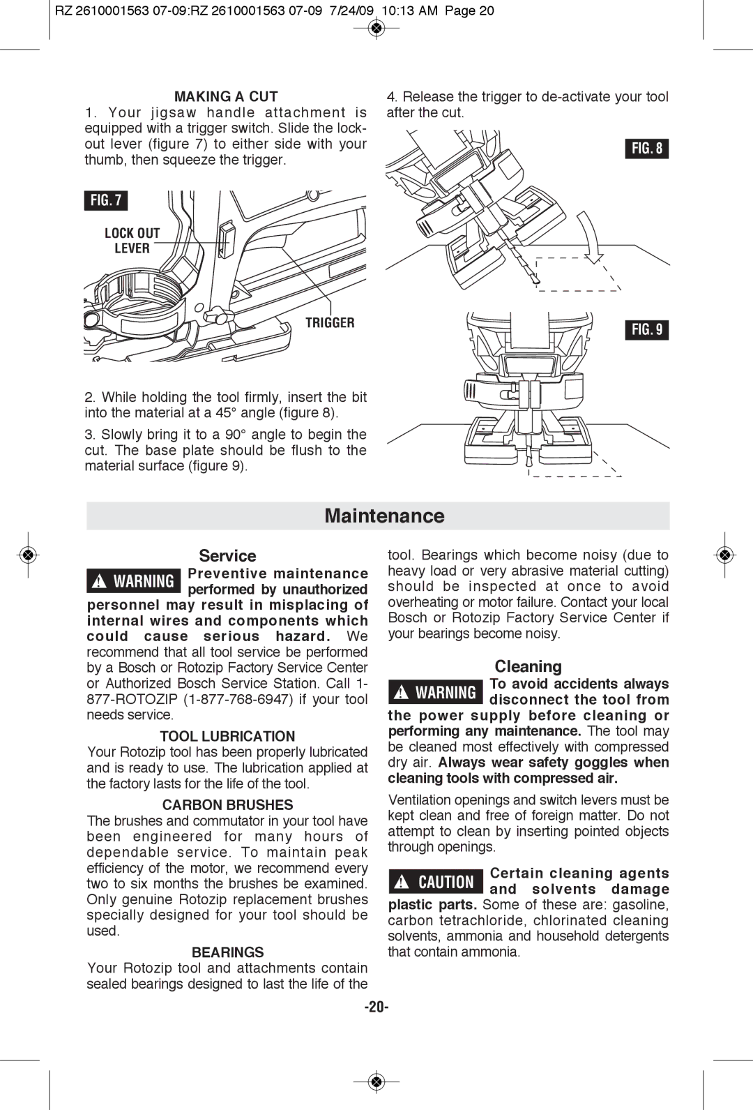 RotoZip RZ2000 manual Maintenance, Cleaning 