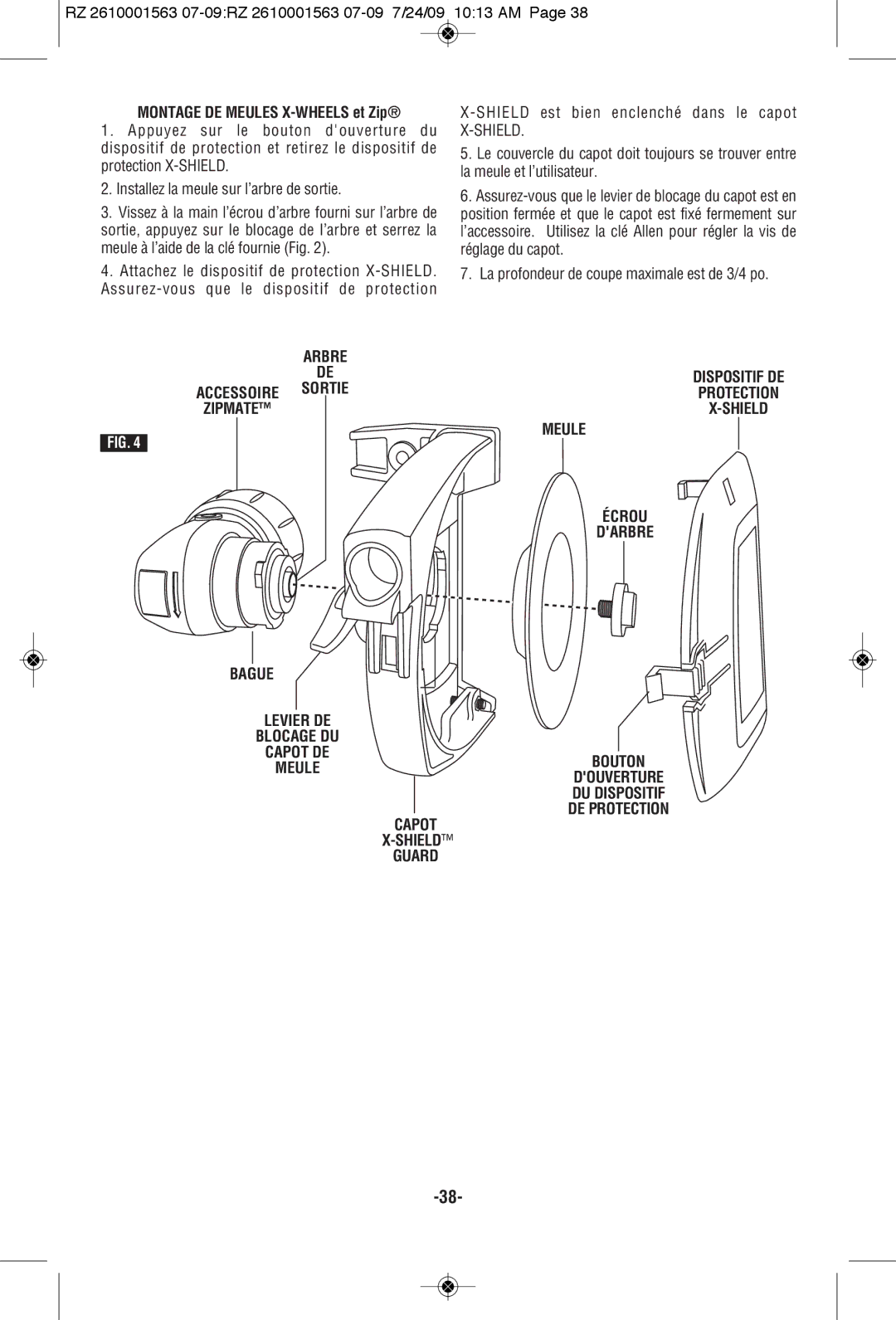 RotoZip RZ2000 manual Montage DE Meules X-WHEELS et Zip, Accessoire Sortie, Zipmate 