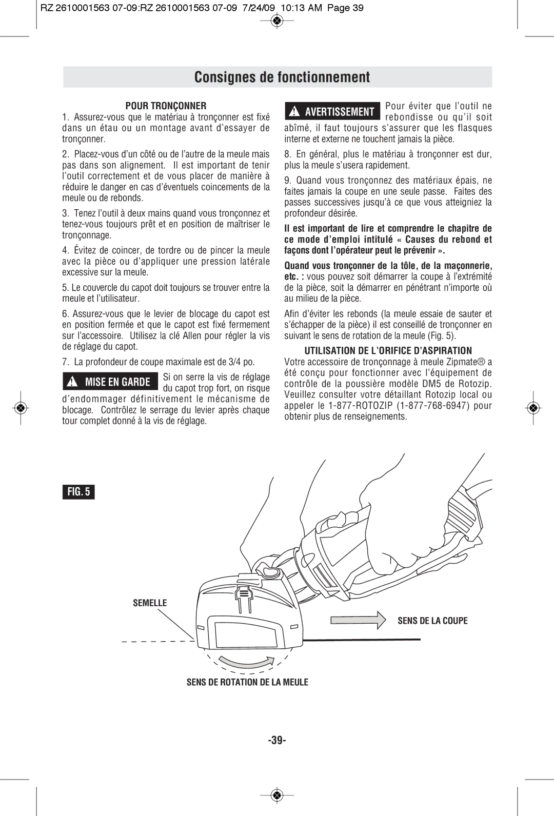 RotoZip RZ2000 manual Consignes de fonctionnement, Pour Tronçonner 