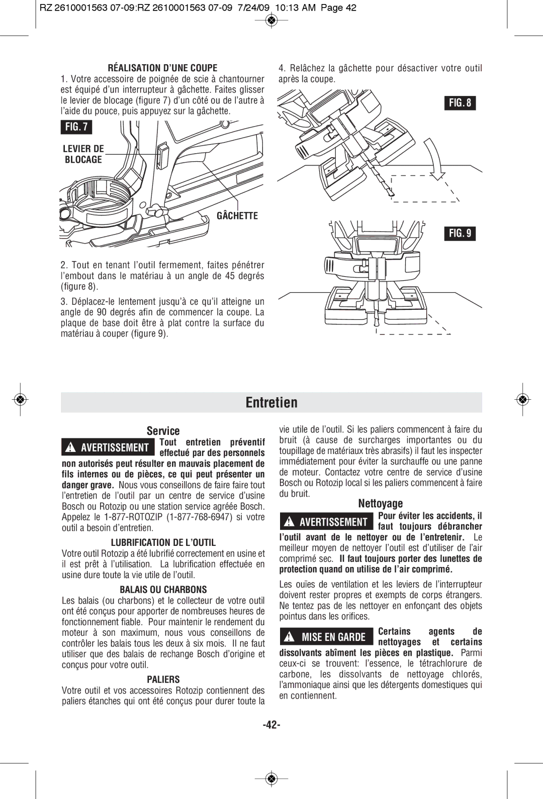 RotoZip RZ2000 manual Entretien, Nettoyage 