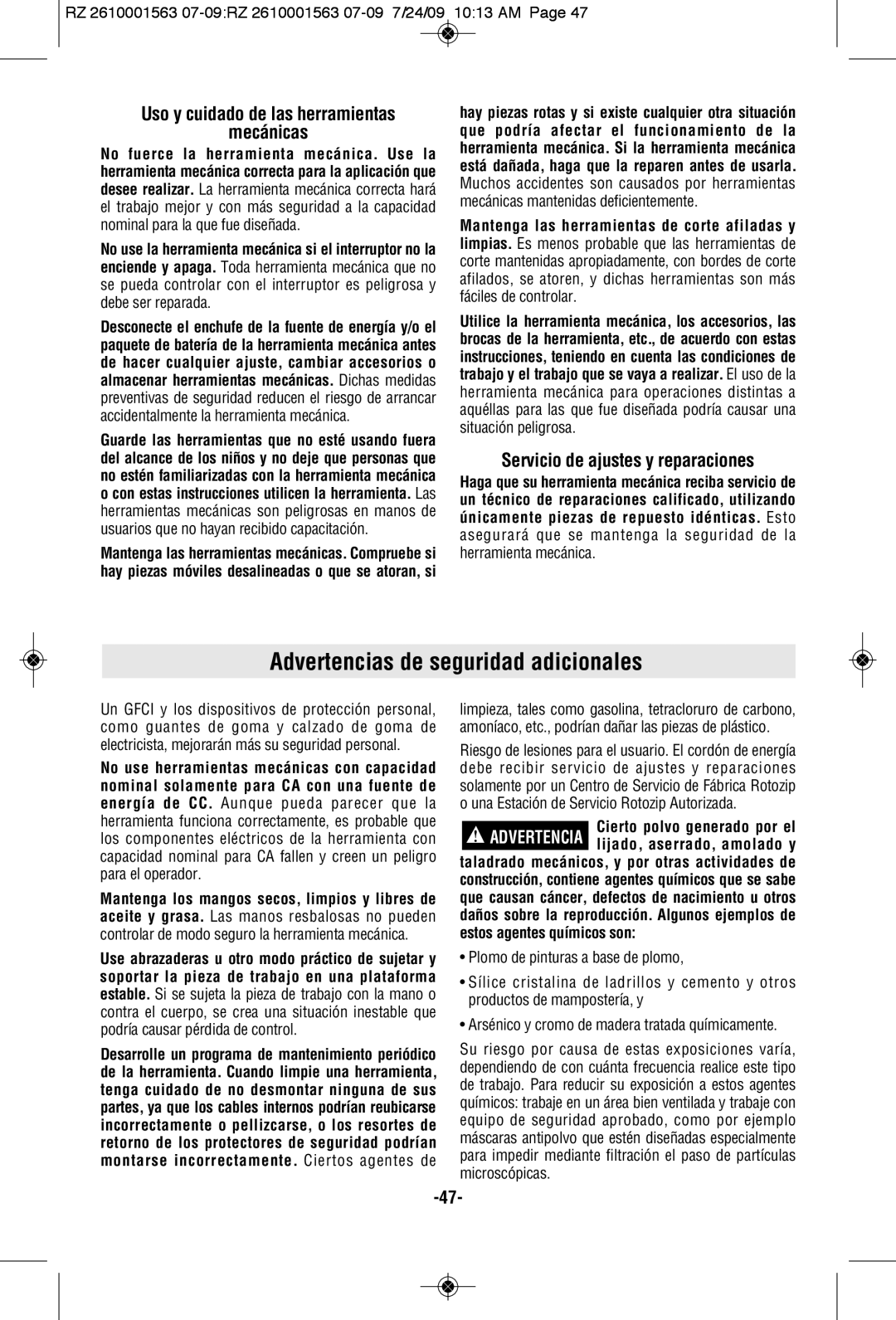 RotoZip RZ2000 manual Advertencias de seguridad adicionales, Mecánicas, Servicio de ajustes y reparaciones 