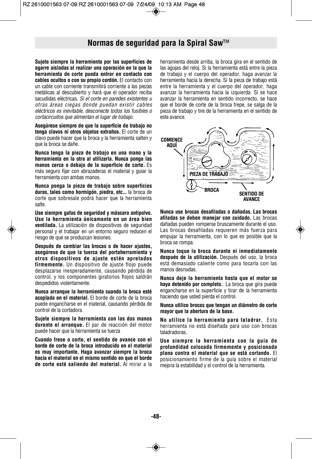 RotoZip RZ2000 manual Normas de seguridad para la Spiral Saw, Comience Aquí Pieza DE Trabajo Broca Sentido DE Avance 