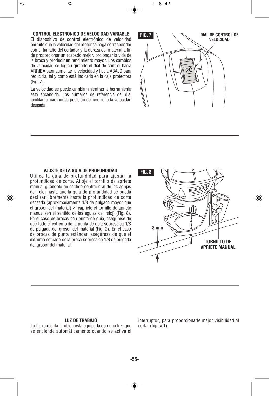 RotoZip RZ2000 manual Ajuste DE LA Guía DE Profundidad, Tornillo DE Apriete Manual LUZ DE Trabajo 