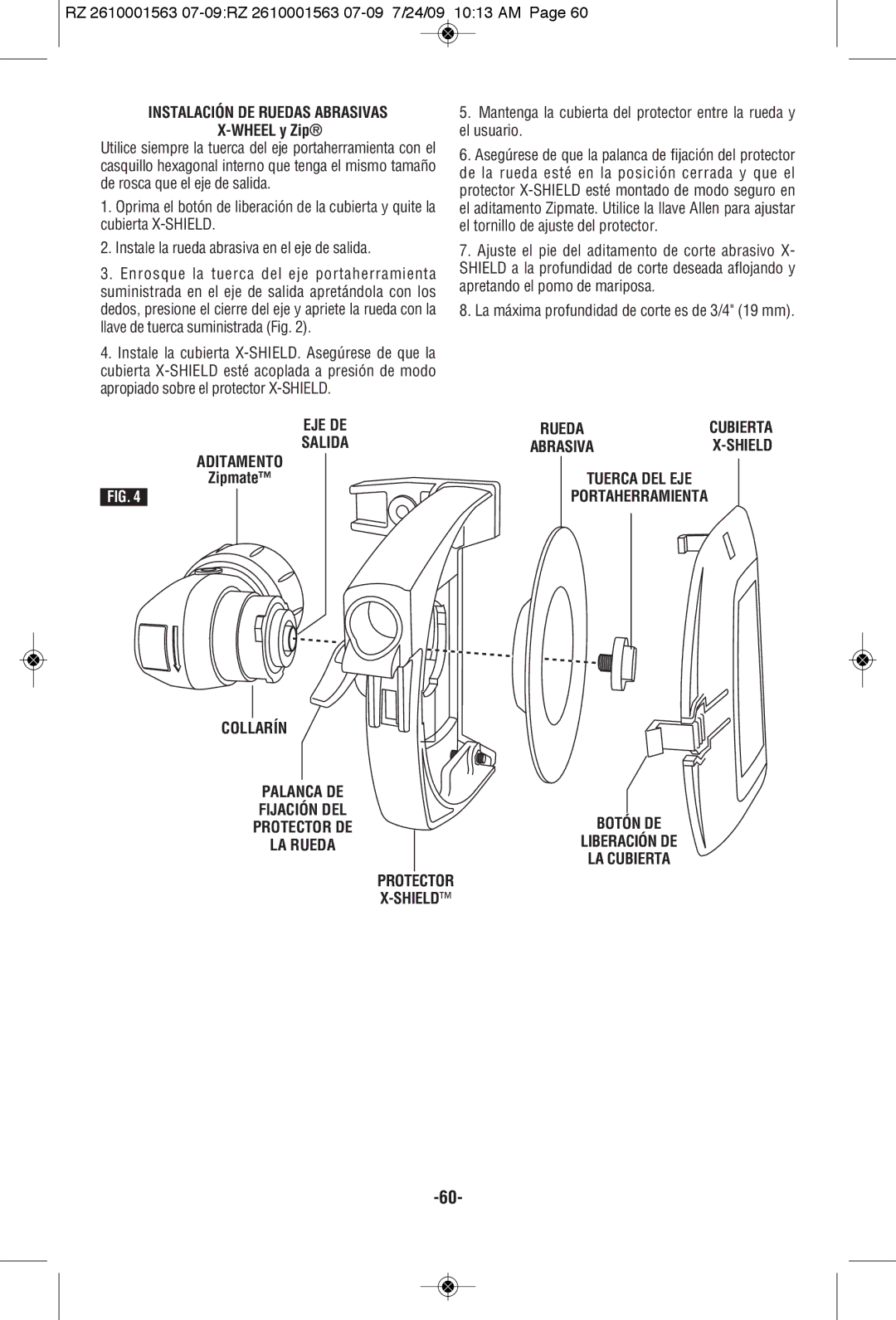 RotoZip RZ2000 manual Instalación DE Ruedas Abrasivas, Wheel y Zip, Eje De, Salida 