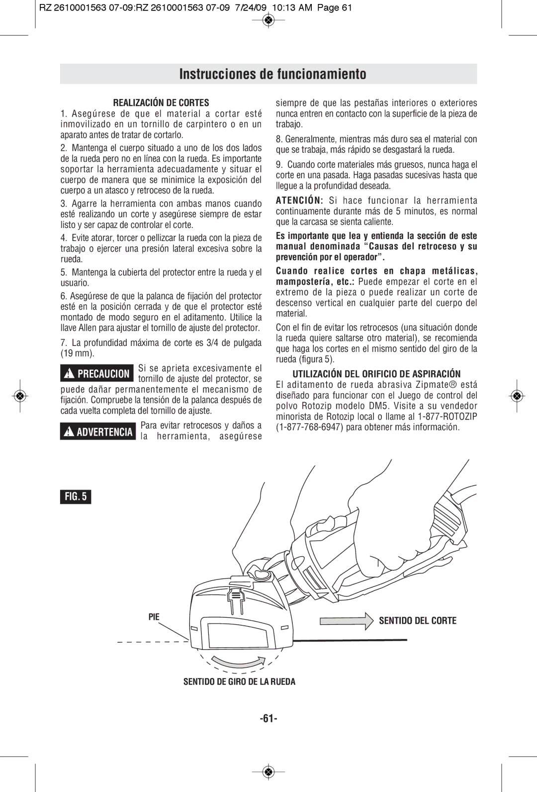 RotoZip RZ2000 manual Realización DE Cortes, La profundidad máxima de corte es 3/4 de pulgada 19 mm 