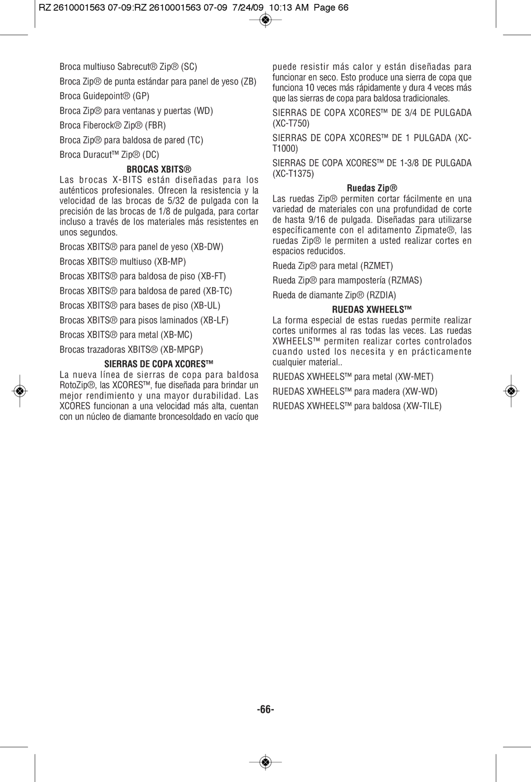 RotoZip RZ2000 manual Brocas Xbits, Sierras DE Copa Xcores, Ruedas Zip, Ruedas Xwheels 