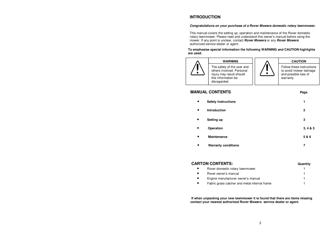 Rover 10024 warranty Introduction, Manual Contents, Carton Contents 