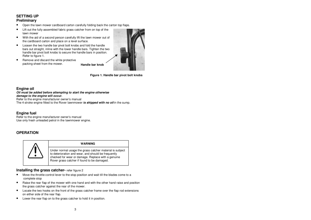 Rover 10024 warranty Setting UP, Operation 