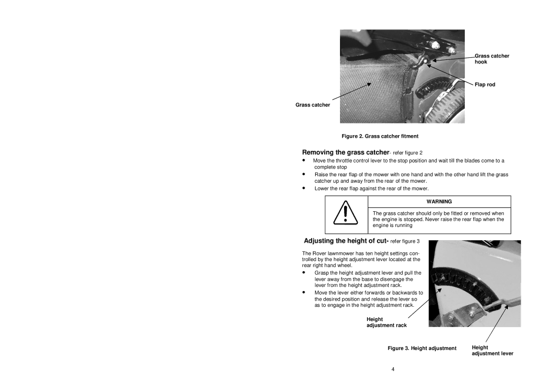 Rover 10024 warranty Removing the grass catcher- refer figure, Adjusting the height of cut- refer figure, Height 