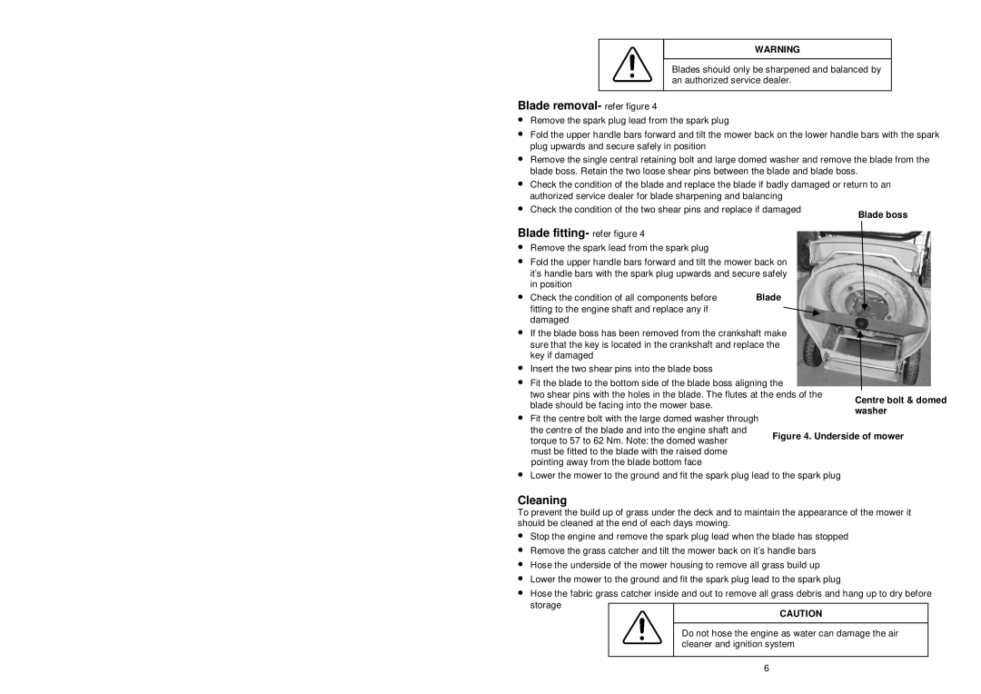 Rover 10024 warranty Blade removal- refer figure, Blade fitting- refer figure, Cleaning, Washer 