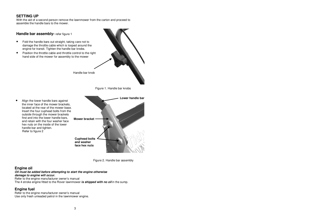 Rover 10124 owner manual Setting UP, Handle bar assembly- refer figure, Engine oil, Engine fuel 