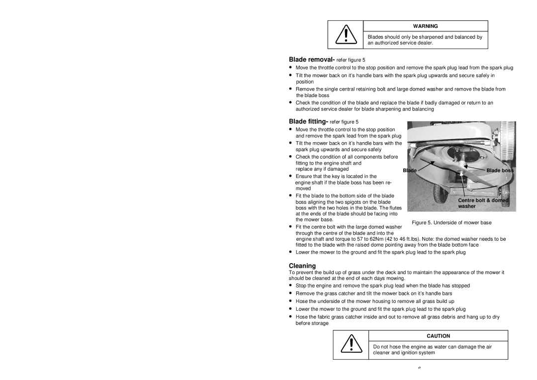 Rover 10124 owner manual Blade removal- refer figure, Blade fitting- refer figure, Centre bolt & domed 