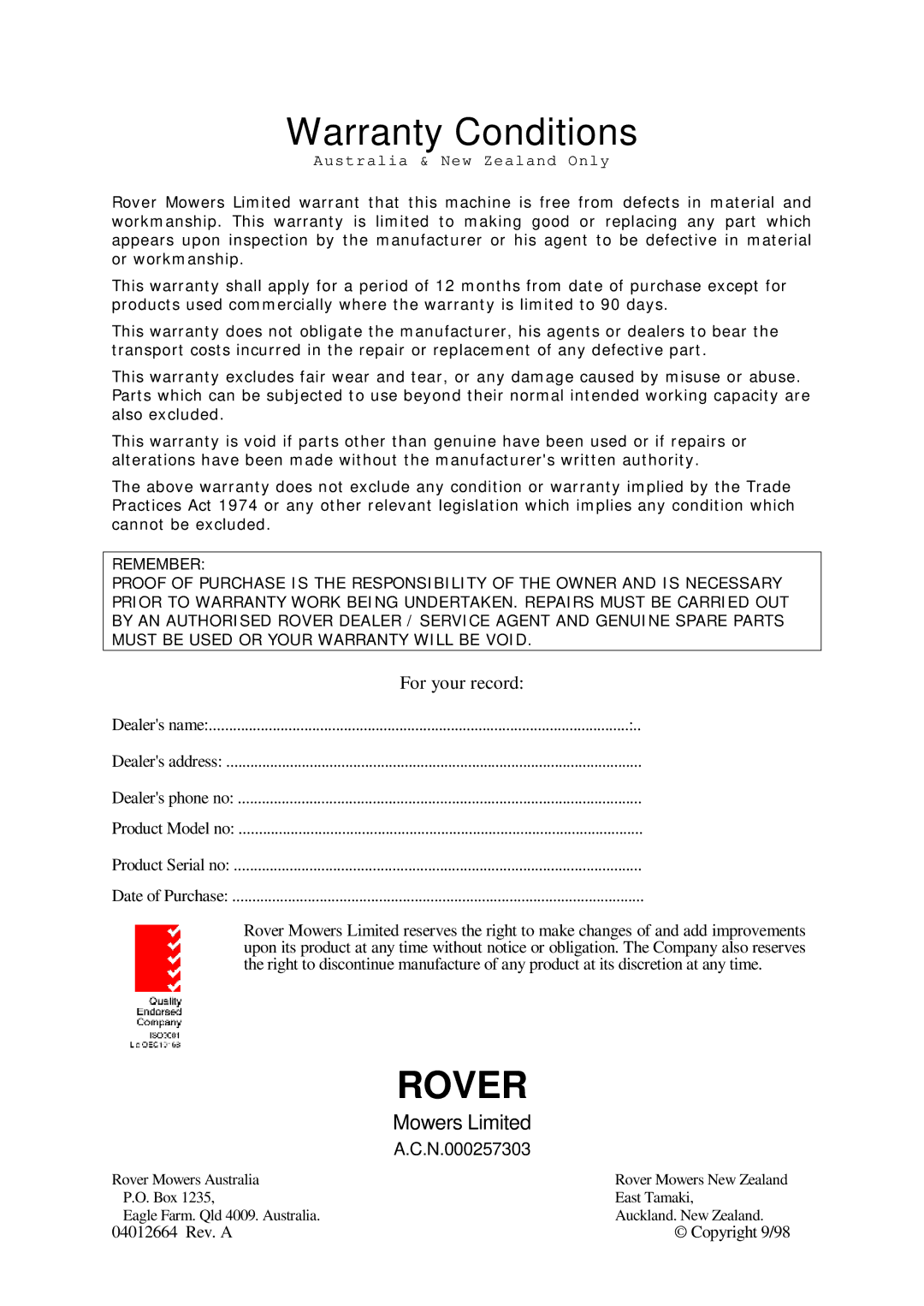 Rover 108, 109 owner manual Rover 