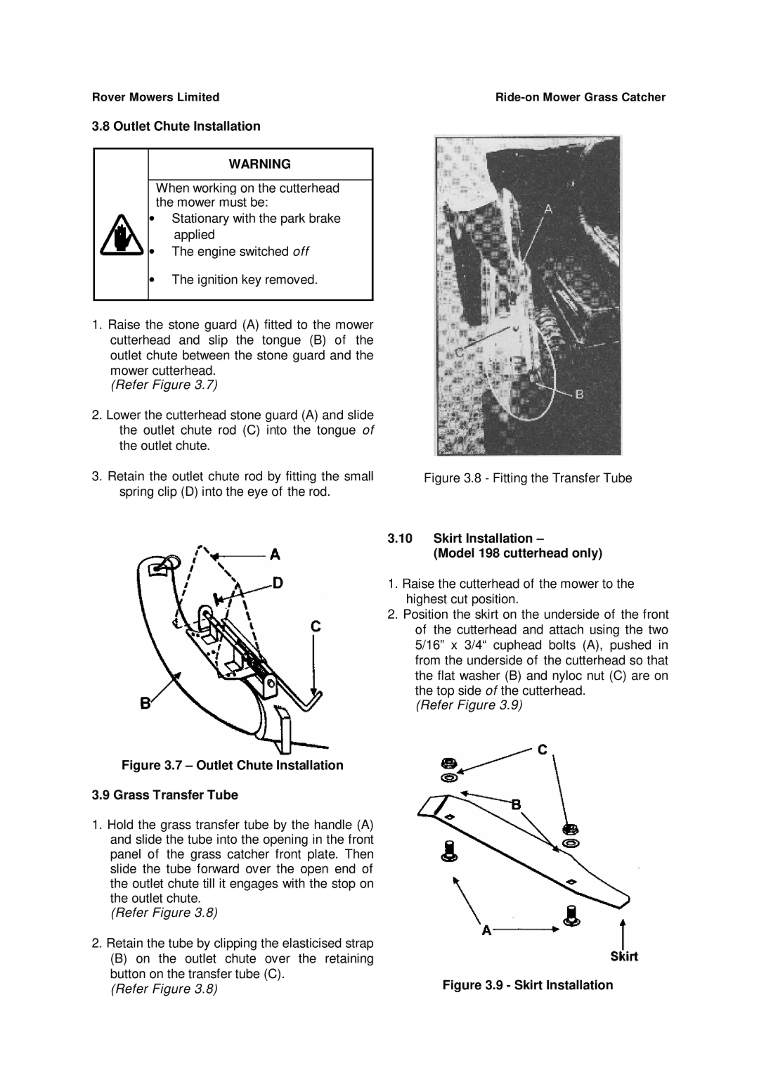 Rover 108, 109 owner manual Outlet Chute Installation, Skirt Installation, Model 198 cutterhead only 