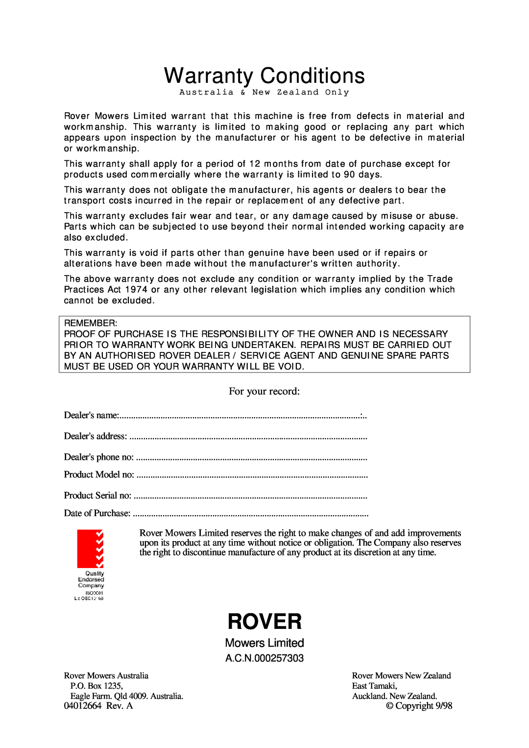 Rover 108, 109 owner manual Warranty Conditions, Rover, Mowers Limited, A.C.N.000257303, For your record, 04012664 Rev. A 
