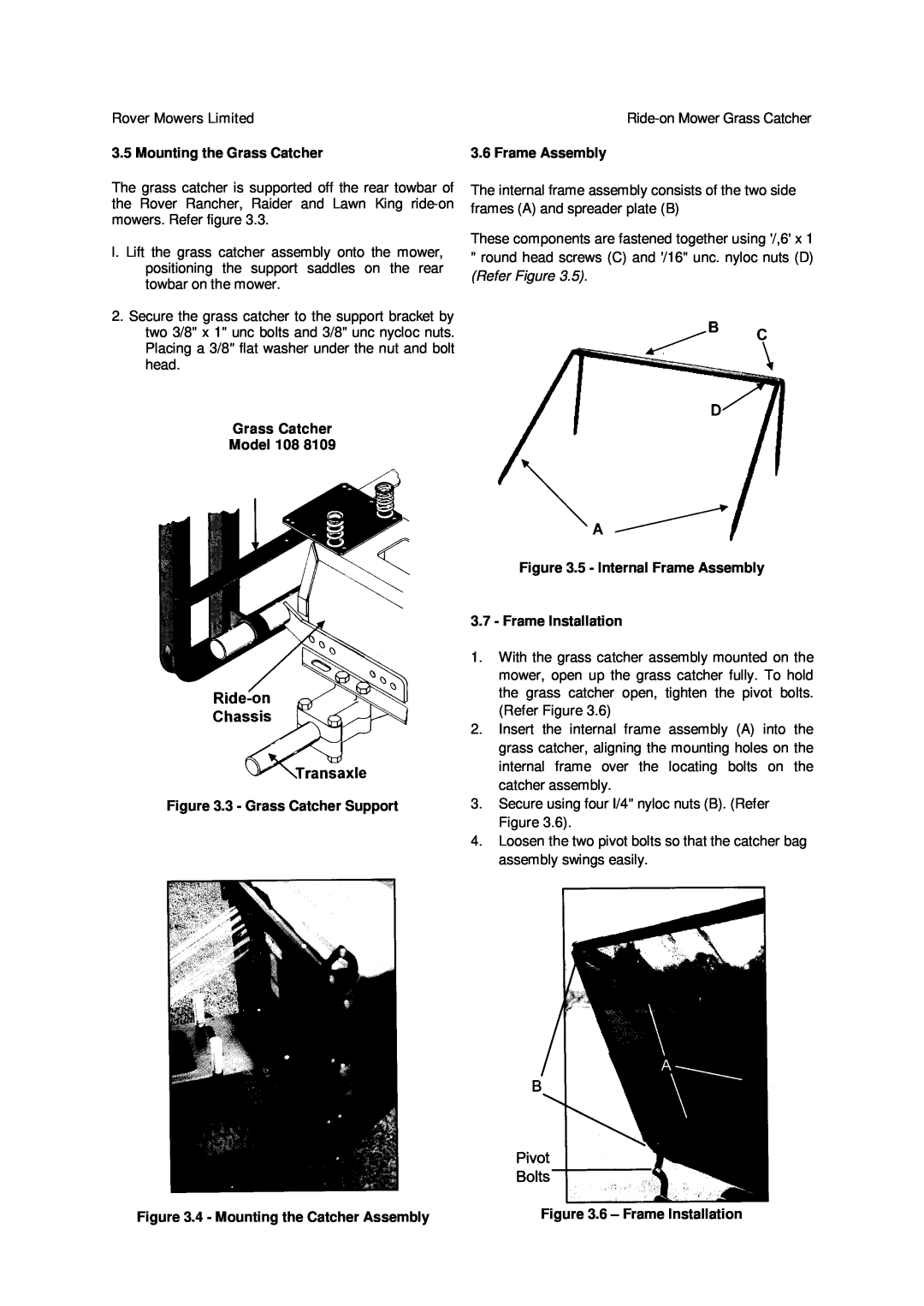 Rover 108, 109 owner manual Mounting the Grass Catcher, Grass Catcher Model, 3 - Grass Catcher Support, Frame Assembly 