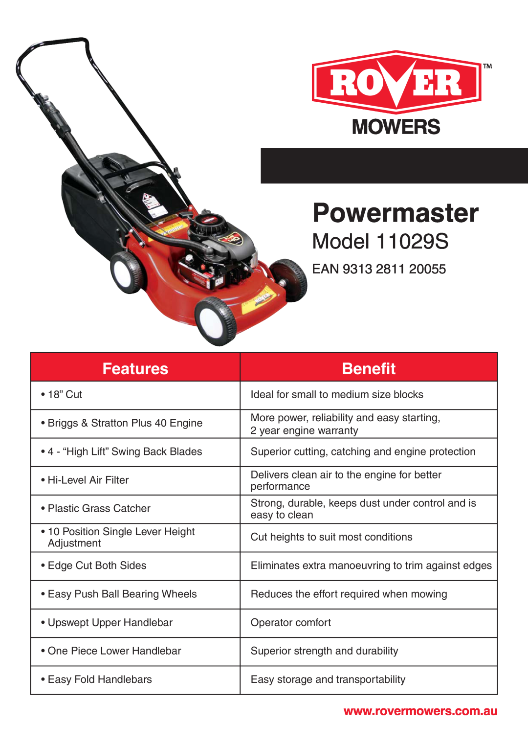 Rover warranty Powermaster, Model 11029S, Features, Benefit, Ean 