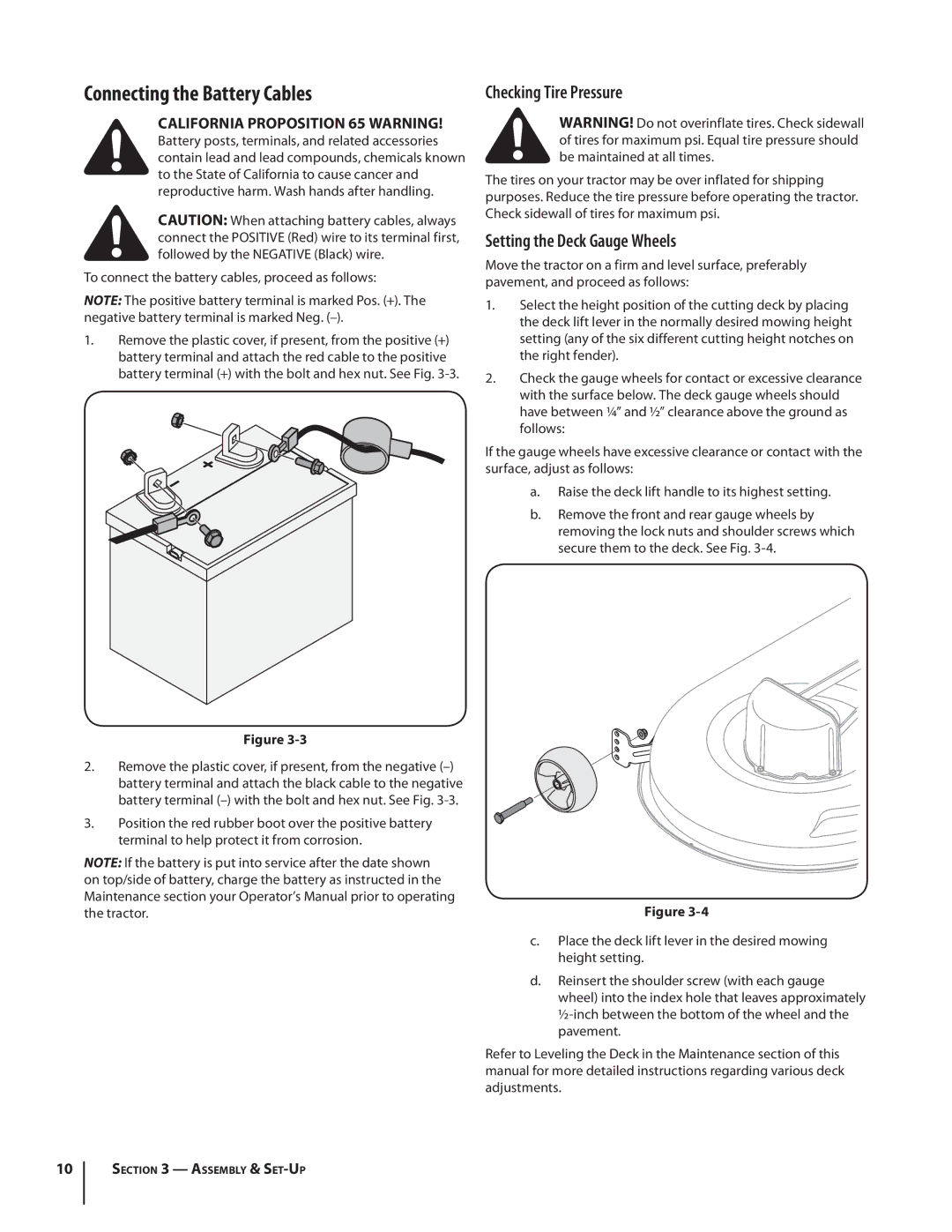 Rover 2042 warranty Connecting the Battery Cables, Checking Tire Pressure, Setting the Deck Gauge Wheels 