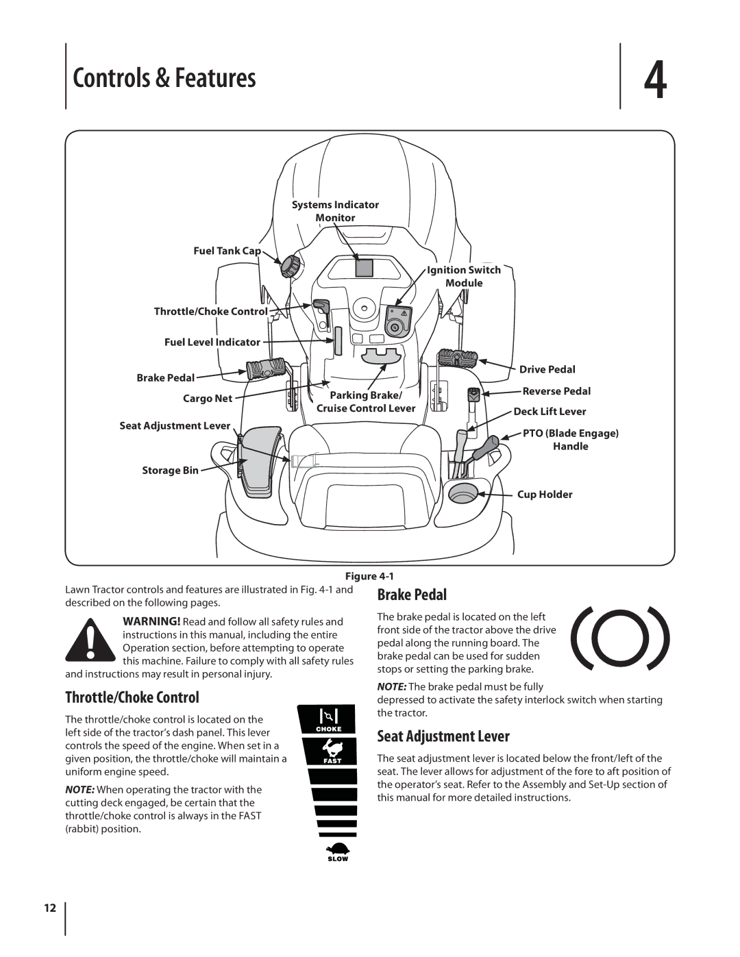 Rover 2042 warranty Controls & Features, Throttle/Choke Control, Seat Adjustment Lever, Brake Pedal Cargo Net 