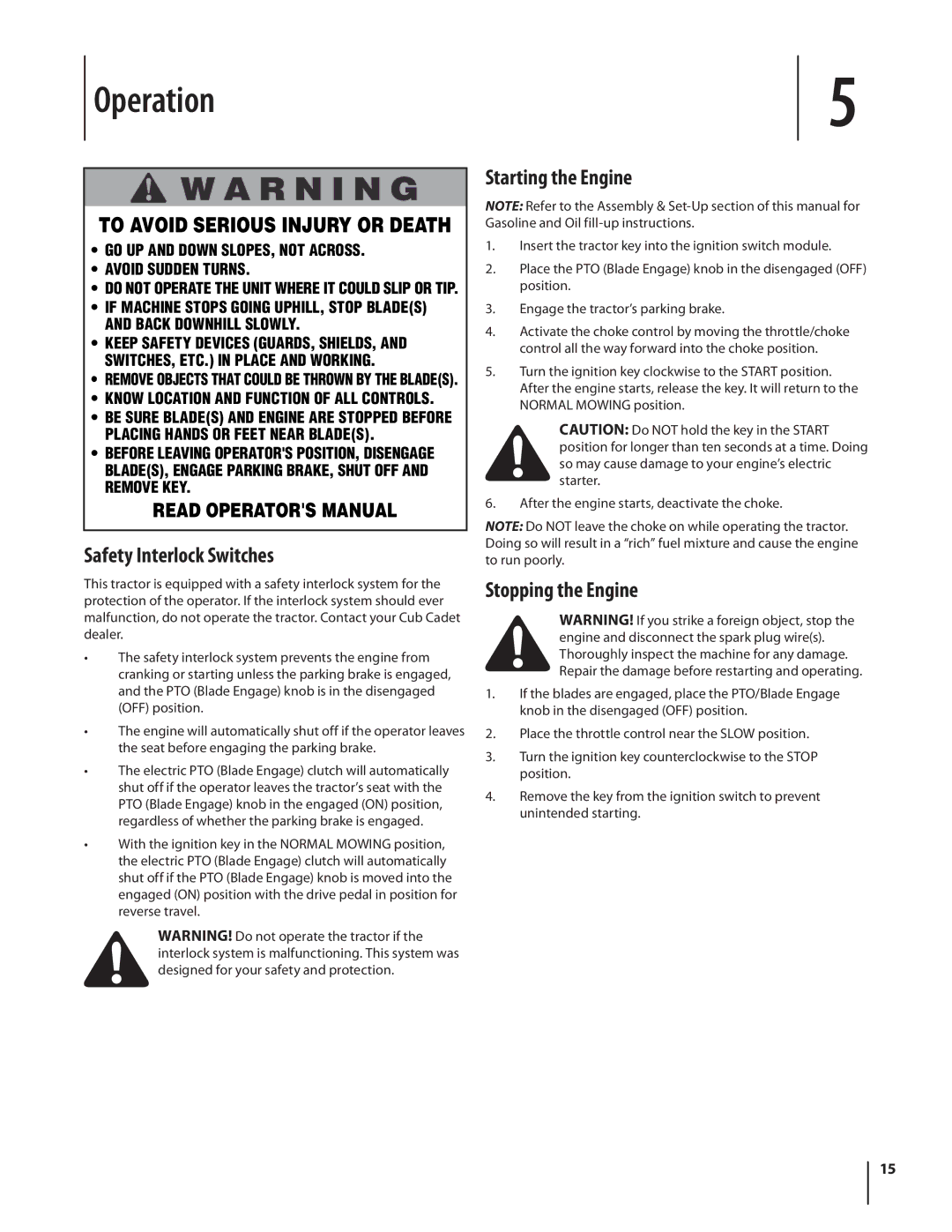 Rover 2042 warranty Operation, Safety Interlock Switches, Starting the Engine, Stopping the Engine 