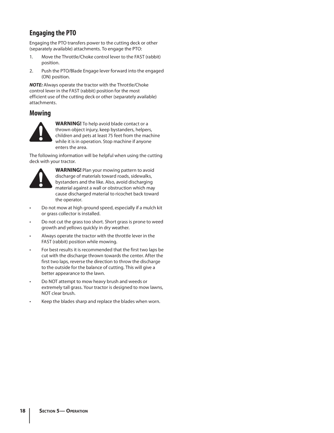 Rover 2042 warranty Engaging the PTO, Mowing 