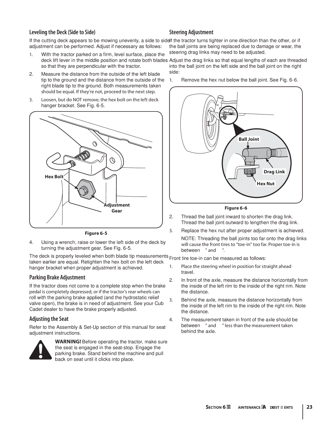 Rover 2042 warranty Leveling the Deck Side to Side, Parking Brake Adjustment, Steering Adjustment, Hex Bolt Adjustment Gear 