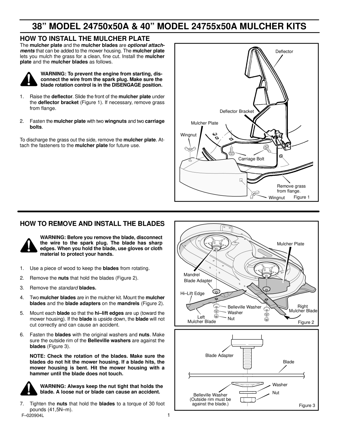 Rover manual Model 24750x50A & 40 Model 24755x50A Mulcher Kits, HOW to Install the Mulcher Plate 