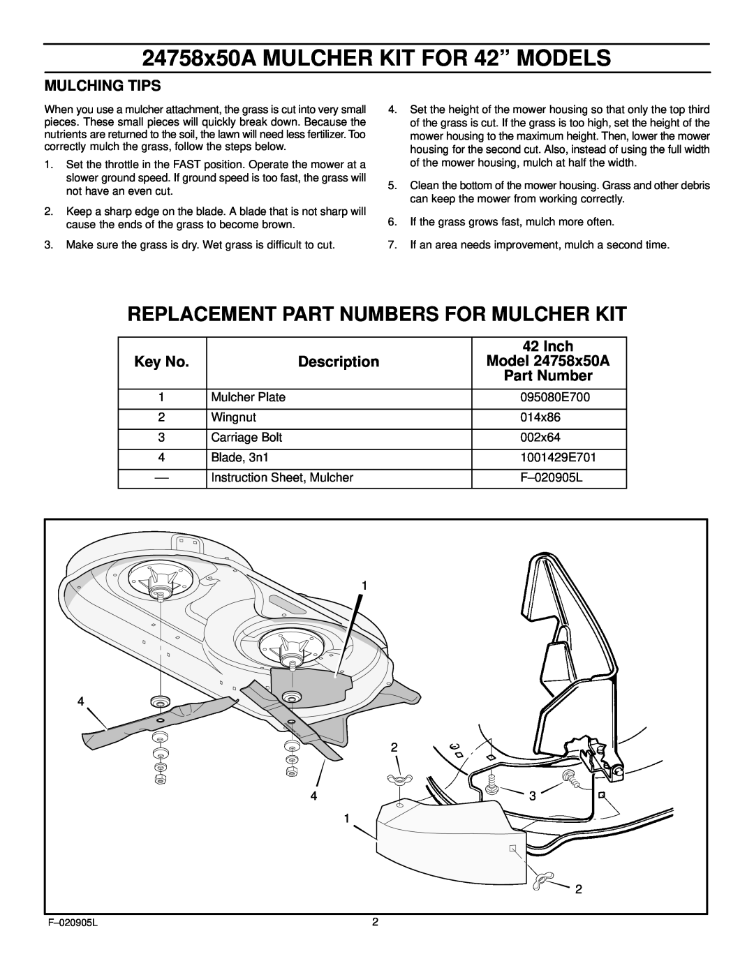 Rover manual Mulching Tips, Inch, Description, Model 24758x50A, Part Number, 24758x50A MULCHER KIT FOR 42” MODELS 