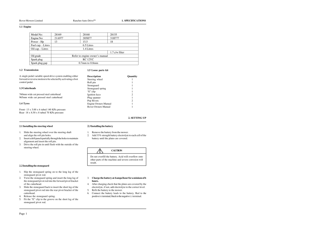 Rover 28169, 28168, 28155 warranty 