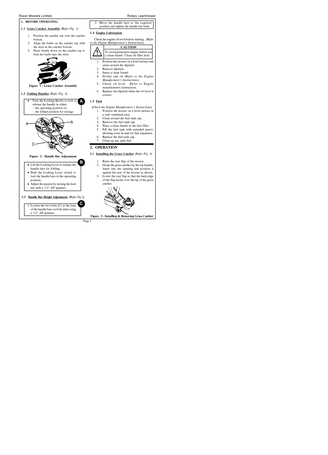 Rover 30, 35, 70, 75 owner manual Operation, Before Operating, Grass Catcher Assembly Refer Fig, Engine Lubrication, Fuel 