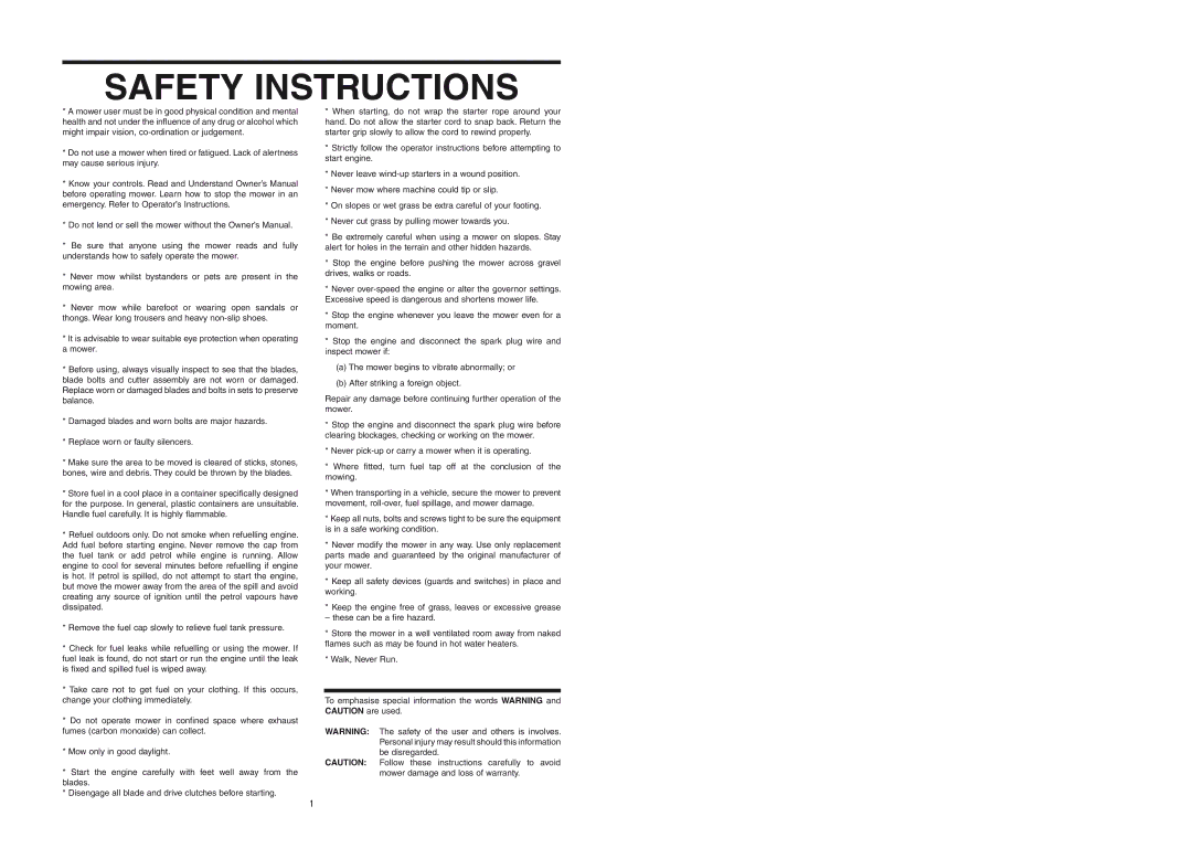 Rover 300433, 300361 warranty Safety Instructions 