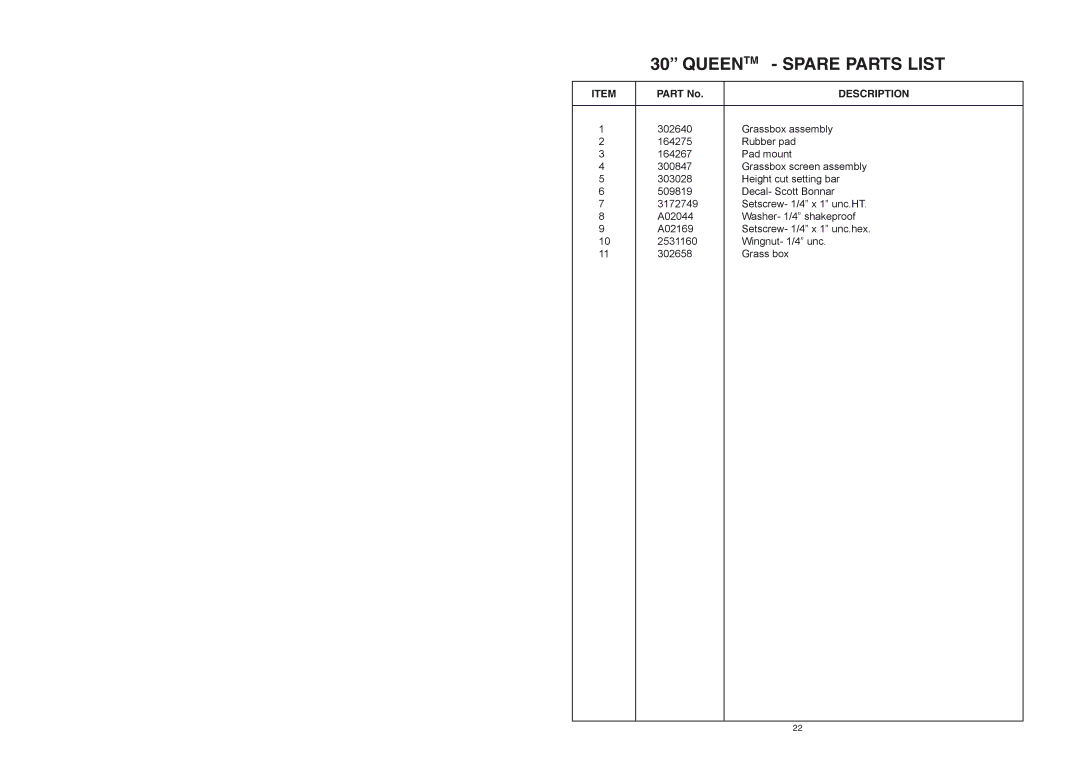 Rover 300361, 300433 warranty Queentm Spare Parts List 