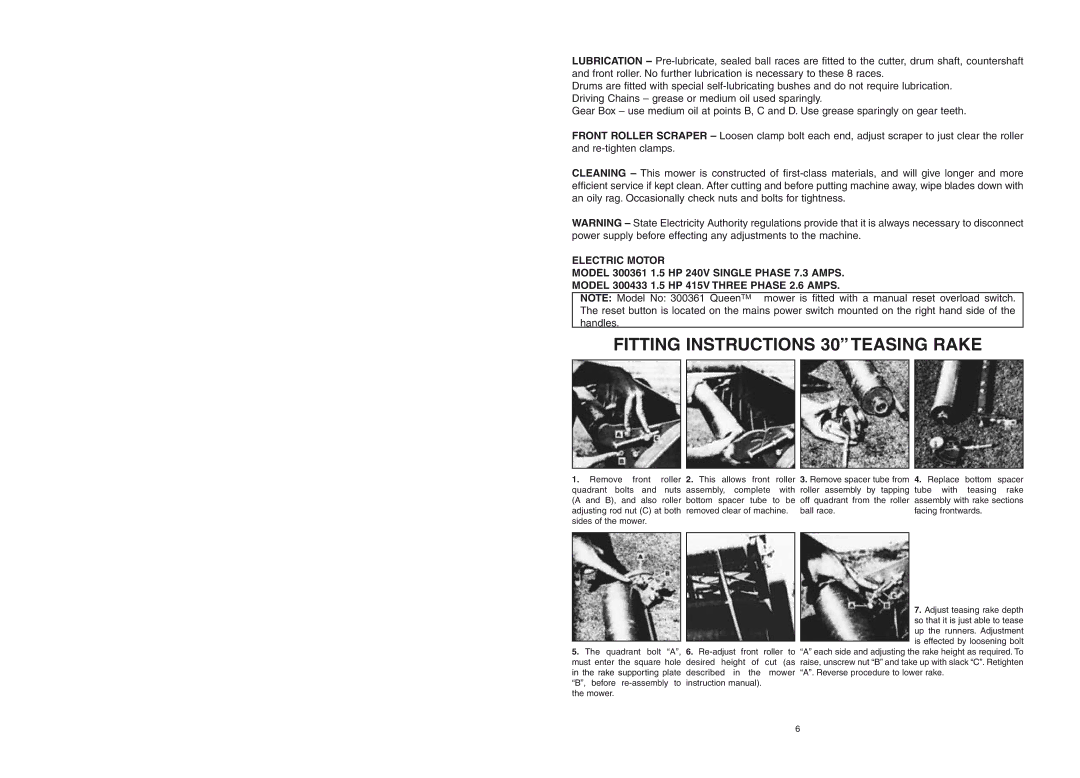 Rover 300361, 300433 warranty Fitting Instructions 30 Teasing Rake 