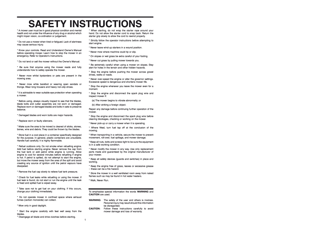 Rover 300433, 300361 warranty Safety Instructions 